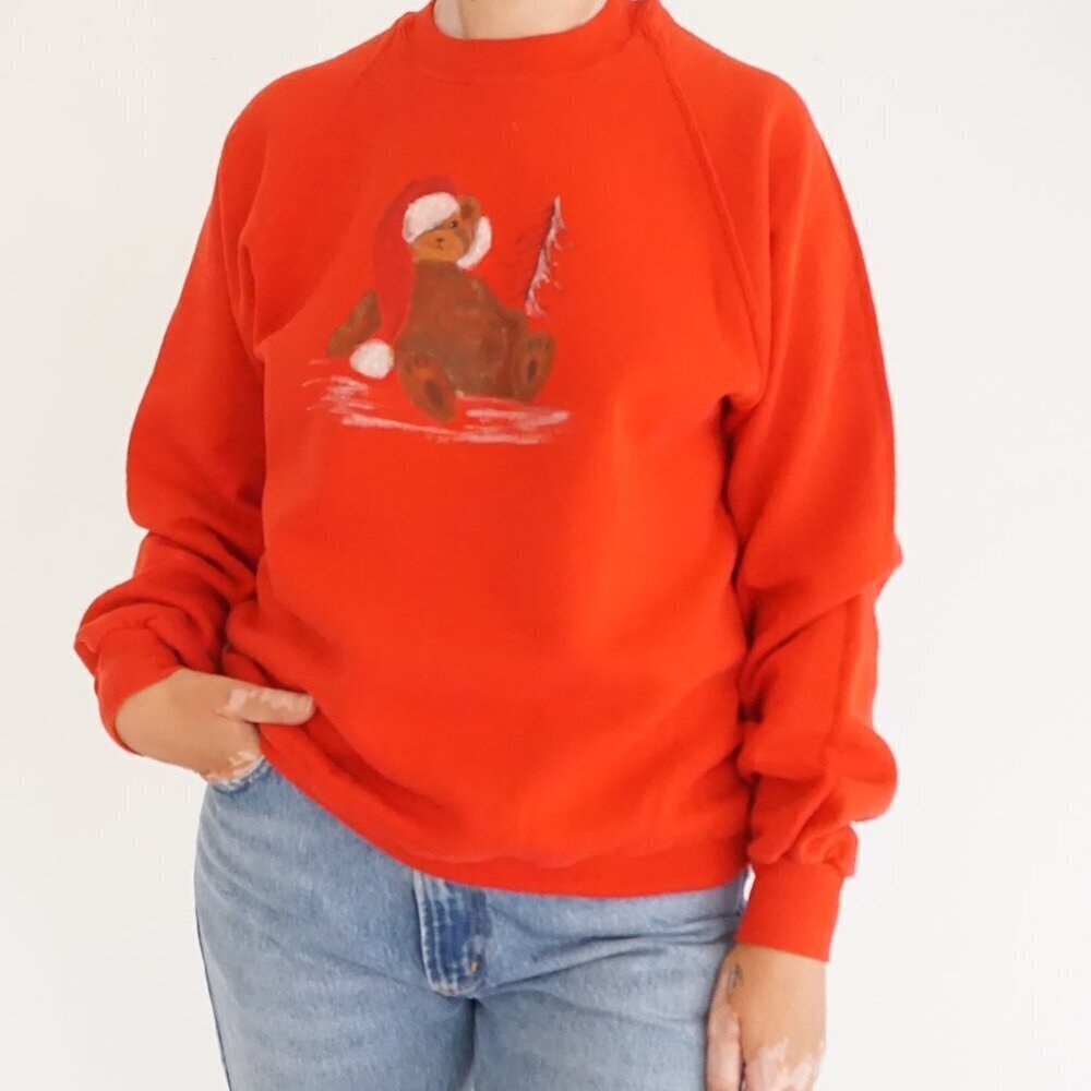 Vintage Jerzees Red Teddy Bear Christmas Sweatshirt Festive Holiday Santa Hat  L